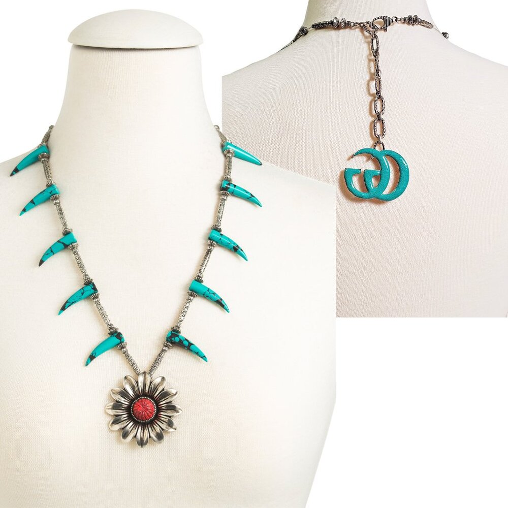 GUCCI NECKLACE MARMONT FLOWER TURQUOISE HORNS STERLING SILVER
